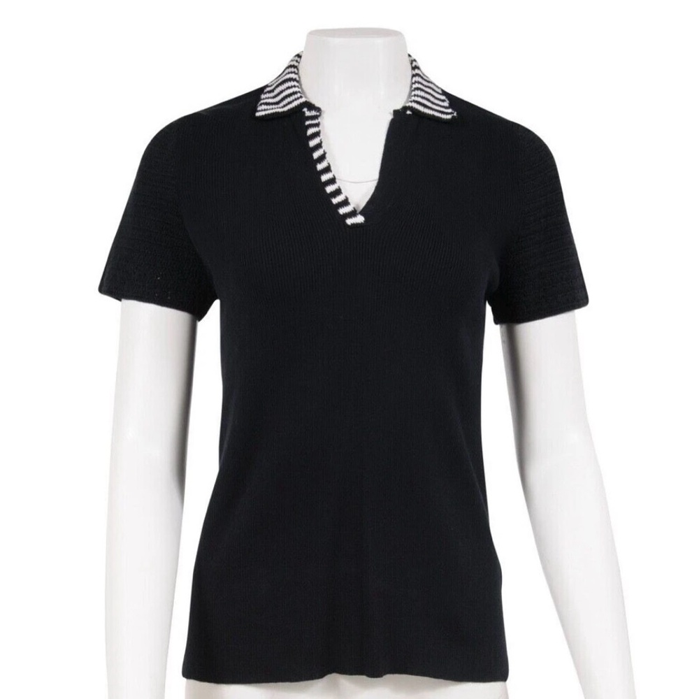 Akris Punto Knit Polo Blouse Top Shirt Black And White Striped Crochet Small S